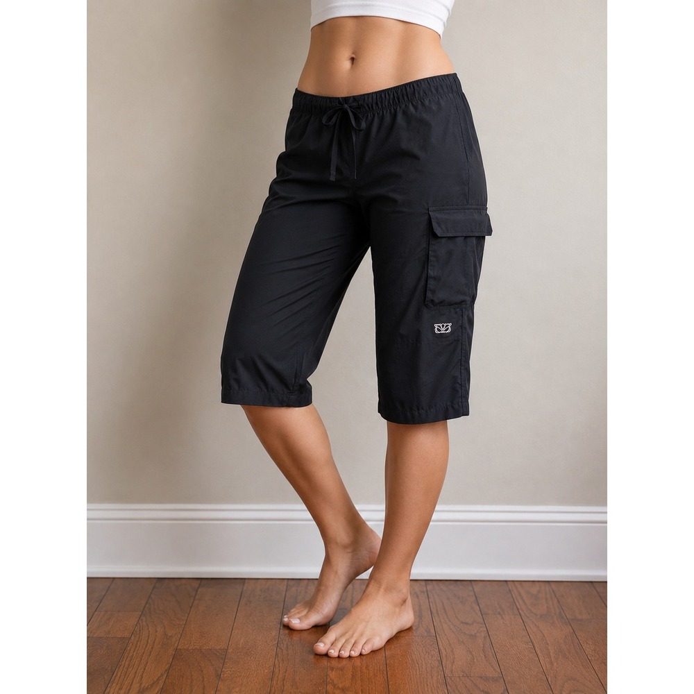 Be Present Black Yoga Capri Cargo Pants Women XL Wide Leg Y2K Lounge Crop Shorts